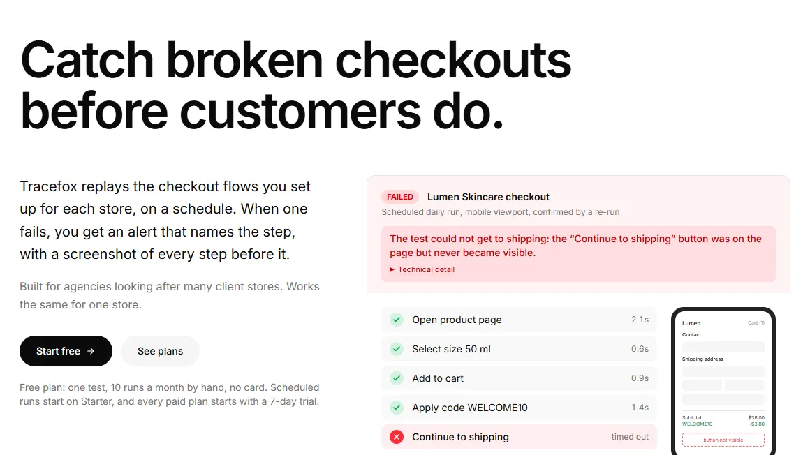 La page d'accueil de Tracefox : « Catch broken checkouts before customers do », à côté d'un exemple de test de checkout en échec qui indique l'étape fautive